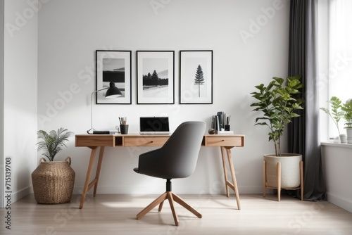 Scandinavian interior home office design of modern workplace with wooden table and office chairs with white wall next to the window © Basileus