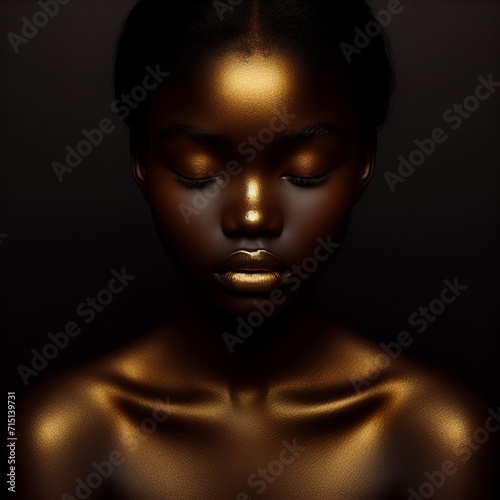Beautiful african american woman with golden skin on dark background 