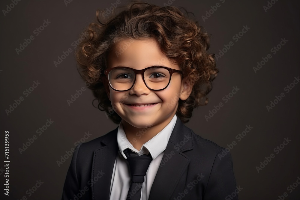 Portrait of a cute little boy in a business suit and glasses.