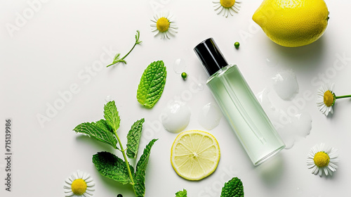 A bottle of lotion next to a lemon slice  mint leaves and chamomile flowers  overhead shot on white background. A refreshing and elegant composition.