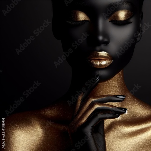 Beautiful black woman with golden make-up on black background. 