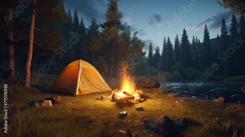 Camping tent in a nature hiking spot next to a bonfire Ai Generative