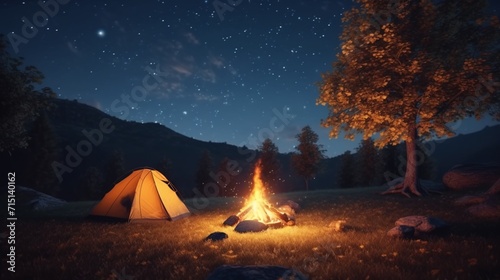 Camping tent in a nature hiking spot next to a bonfire Ai Generative