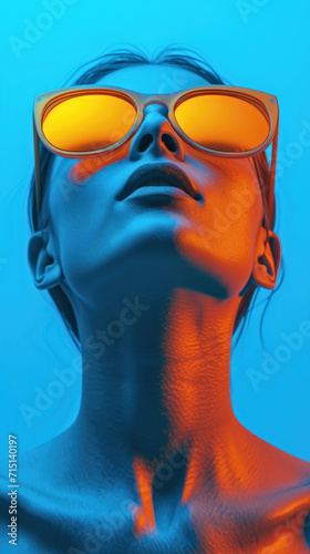 A woman with glasses on her face and a blue background looking up, pop-art minimalistic portrait, summer vibes.