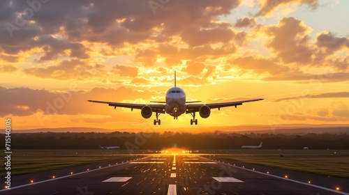 airplane landing at sunset