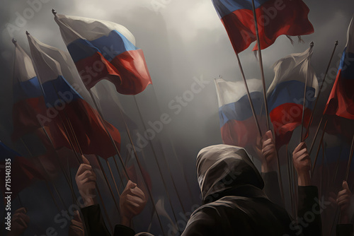Hooded man holding Russian flags against the background of the Russian flags. Independence day celebration. patriotic concept. National day. photo