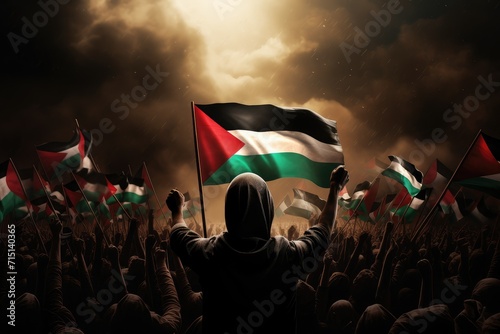 Anonymous man with raised hand holding Palestine flag on the dark cloudy sky background with sunshine. Palestine freedom protest. free Palestine campaign. I stand with Palestine.