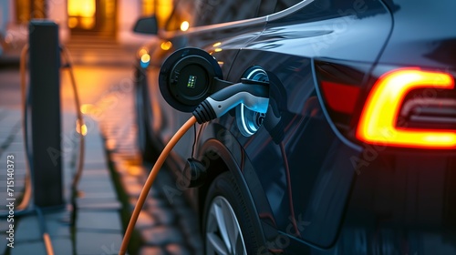 Charging an electric car from an electric car charging station on the street © Henryz