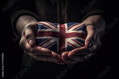 A man holding British flag in front of dark background, closeup. patriotic concept. Man with British flag.