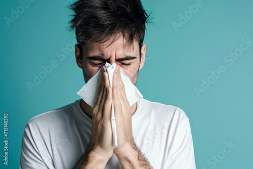 Man blowing nose with a tissue, casually dressed, isolated on a solid blue background