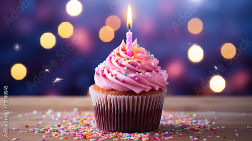 A beautiful happy birthday cake with a burning candle on bokeh purple light background © s1pkmondal143