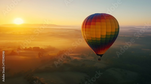 Hot air balloon flying over the mountains at sunrise. Colorful hot air balloons. © Henryz