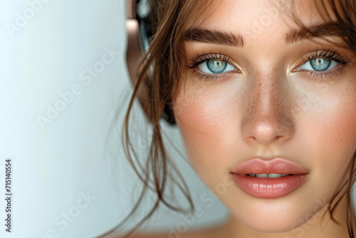 Close-up  Woman s face in earphones radiates natural beauty  healthy  clean skin. Flawless complexion adorned with minimal  natural makeup emphasizes innate features.