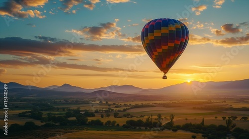 Hot air balloon flying over the mountains at sunrise. Colorful hot air balloons.