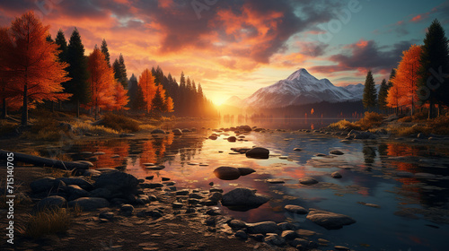 3D rendering of a breathtaking autumn sunset at Mountain Lake, autumn landscape image