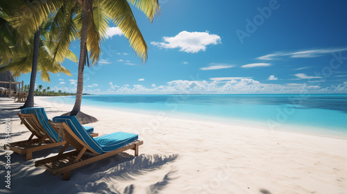 A beautiful beach scenery with two sun lounge chairs under the palm tree or coconut tree © s1pkmondal143