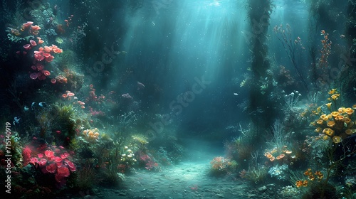 underwater scene with rays of light. coral reef and diver. seabed © King