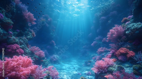 underwater scene with rays of light. coral reef and diver. seabed