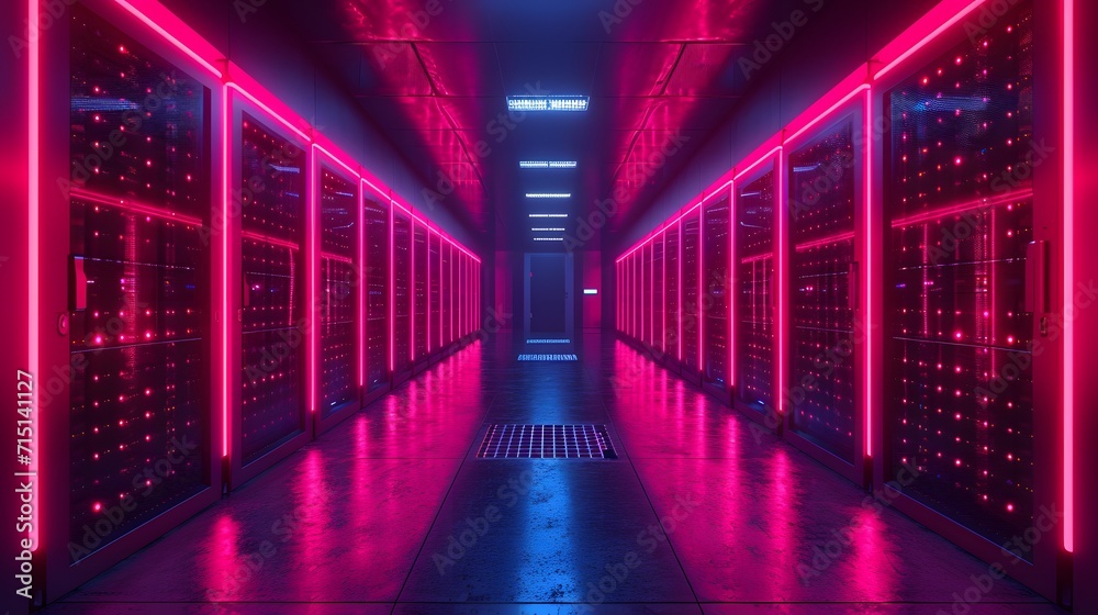 servers and racks in a datacenter. blue binary background. background with lines. data network