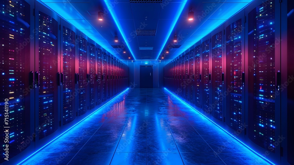 servers and racks in a datacenter. blue binary background. background with lines. data network