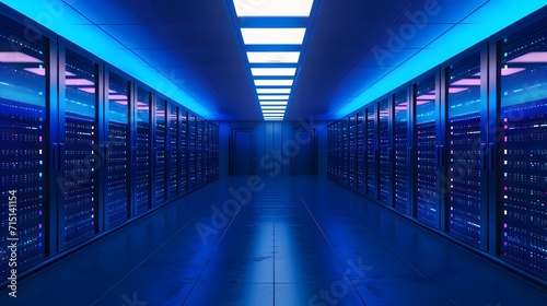 servers and racks in a datacenter. blue binary background. background with lines. data network