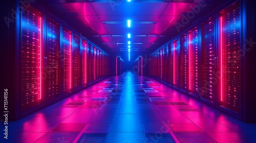 servers and racks in a datacenter. blue binary background. background with lines. data network