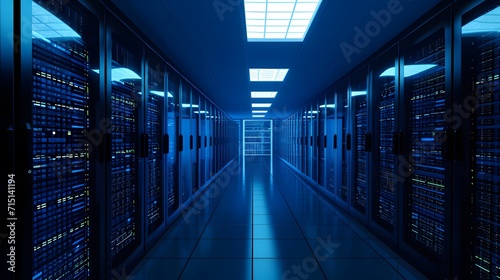 servers and racks in a datacenter. blue binary background. background with lines. data network © King