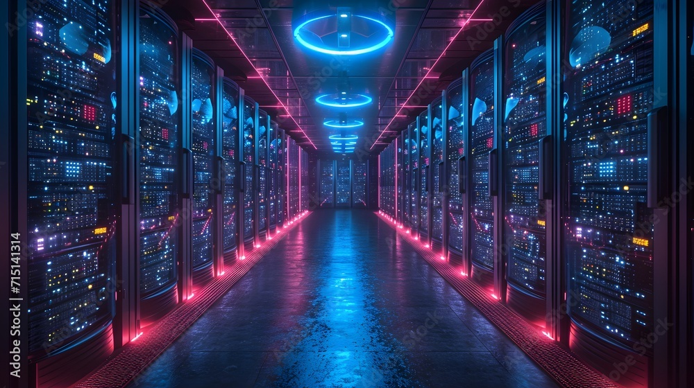 servers and racks in a datacenter. blue binary background. background with lines. data network servers and racks in a datacenter. blue binary background. background with lines. data network