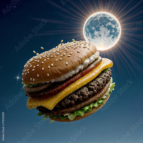 Imagine a wide, blue sky with a giant burger floating gracefully instead of the moon. The burger is perfectly positioned in the center, casting a unique and delicious glow across the sky. The sesame s photo