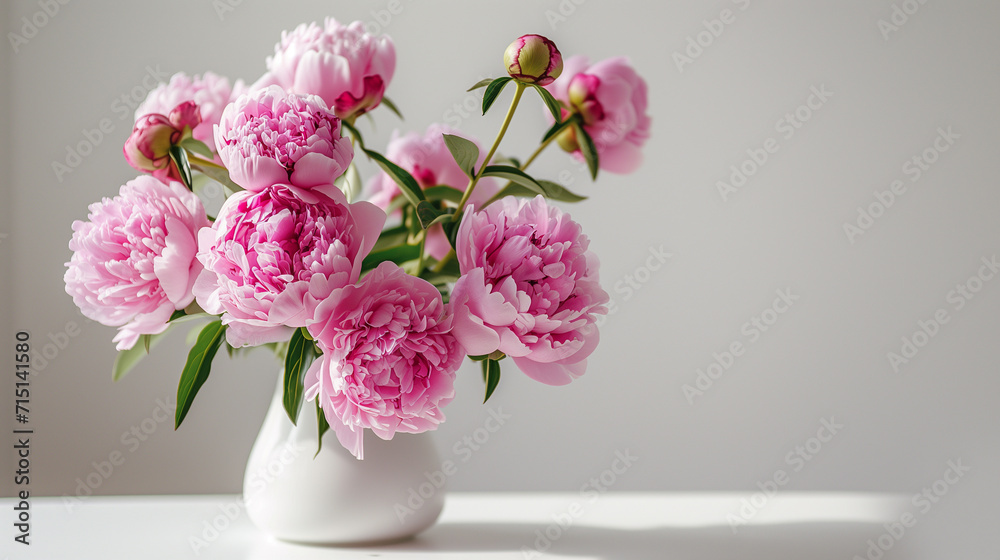 Bouquet of pink peonies in vase on table on neutral background. Copy space. Bouquet of pink peonies in vase on table on neutral background. Copy space.