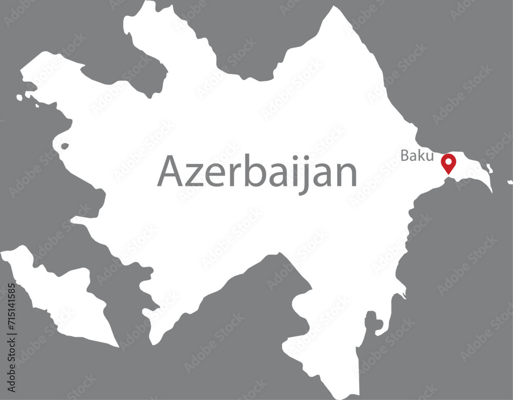 White Map of Azerbaijan with location marker of the capital and inscription of the name of the country and the capital inside map on gray background