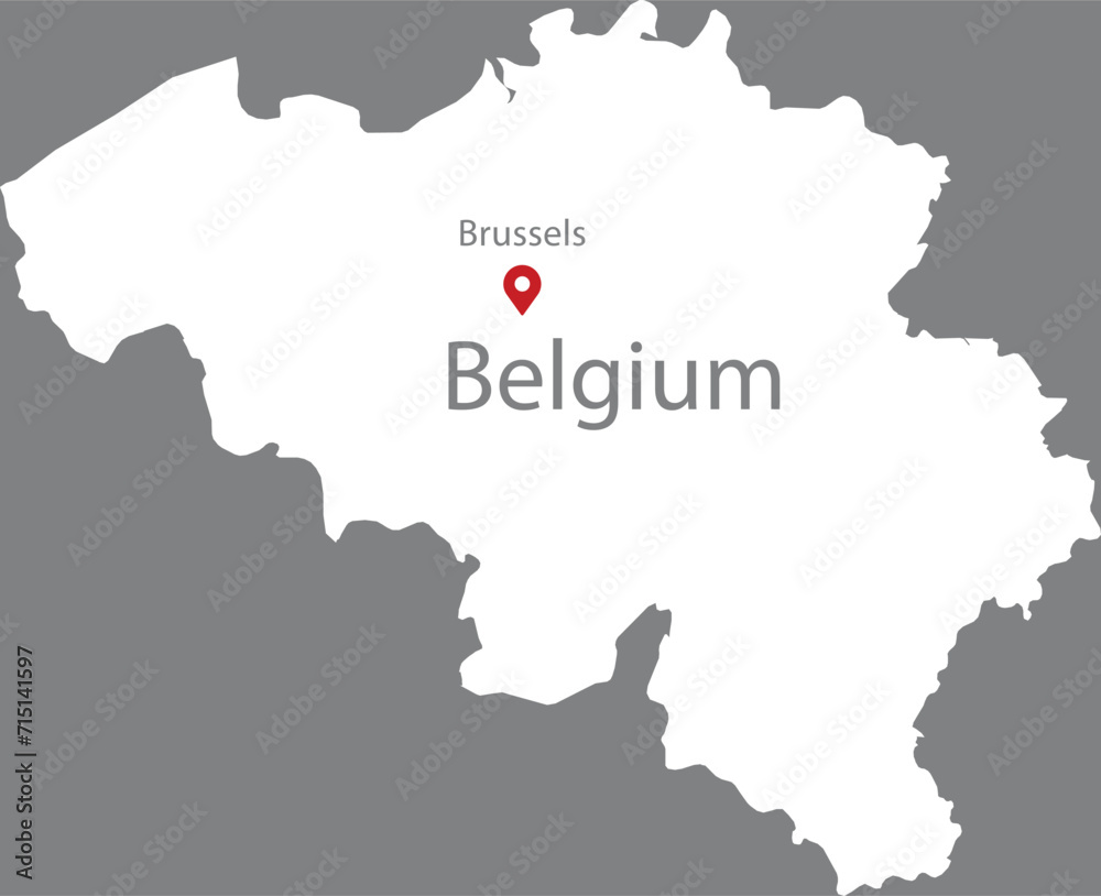 White Map of Belgium with location marker of the capital and inscription of the name of the country and the capital inside map on gray background