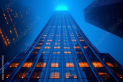 skyscraper lit up blue at night. night view of the city