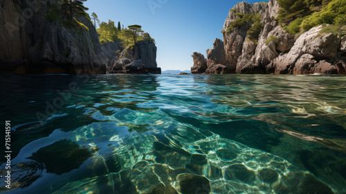 The clear waters of the Adriatic Sea are framed by the rocky cliffs 