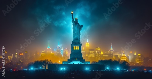 statue of liberty lit at night in new york city