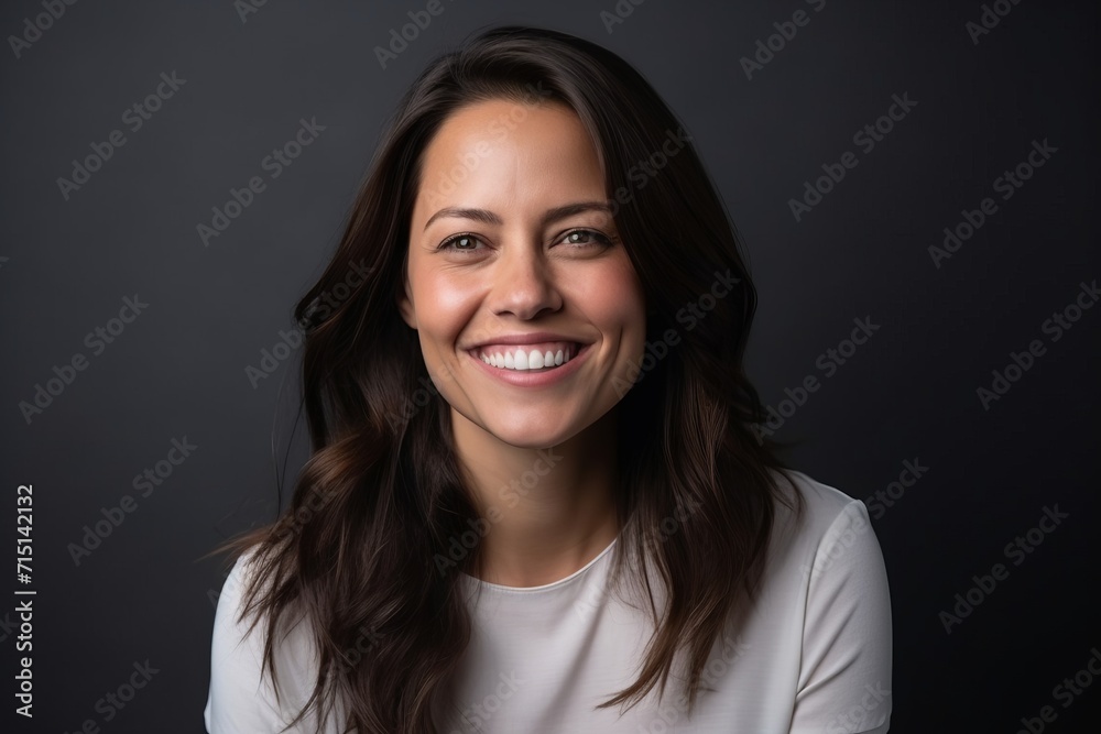 Portrait of a beautiful young woman smiling at the camera on a dark background Portrait of a beautiful young woman smiling at the camera on a dark background