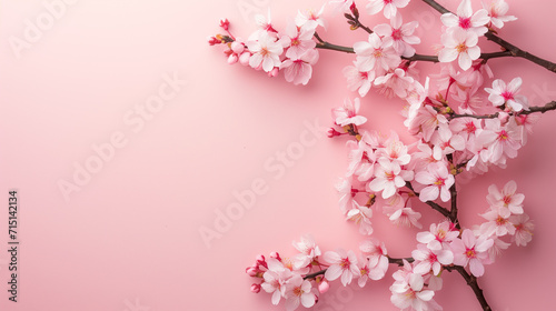 Branch of blooming pink sakura on pink background. Top view  copy space. 