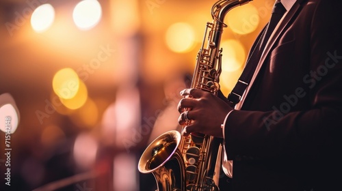 Closeup of a pair of hands playing a saxophone at a jazz music concert.