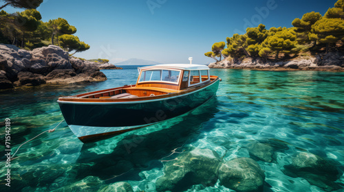 A small wooden boat is anchored in crystal clear water near the rocky shore