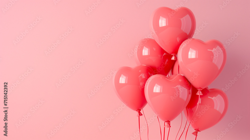 Pink heart-shaped balloons on pink background. Valentine's Day. Copy space. 
