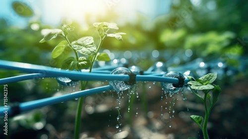 Closeup of a drip irrigation system, conserving water and promoting sustainable water use. photo