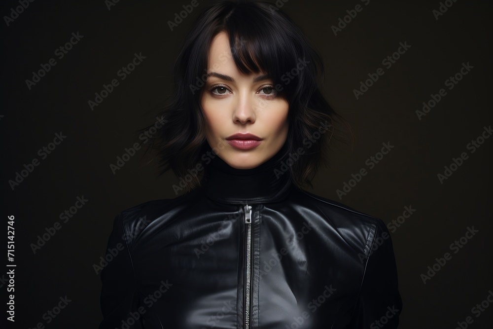 Portrait of a beautiful brunette woman in a black leather jacket