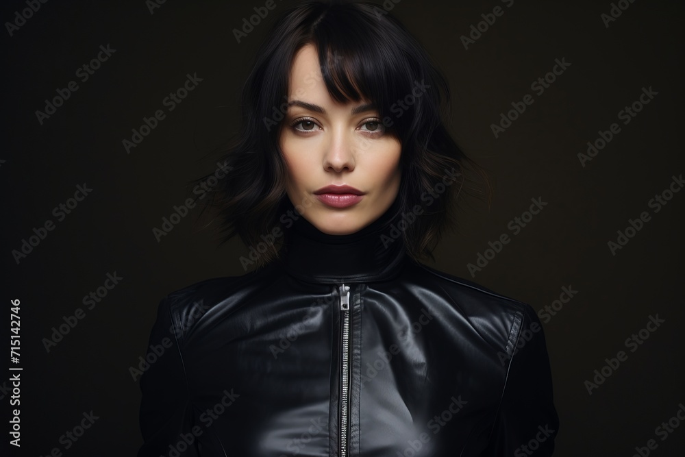 Portrait of a beautiful brunette woman in a black leather jacket Portrait of a beautiful brunette woman in a black leather jacket