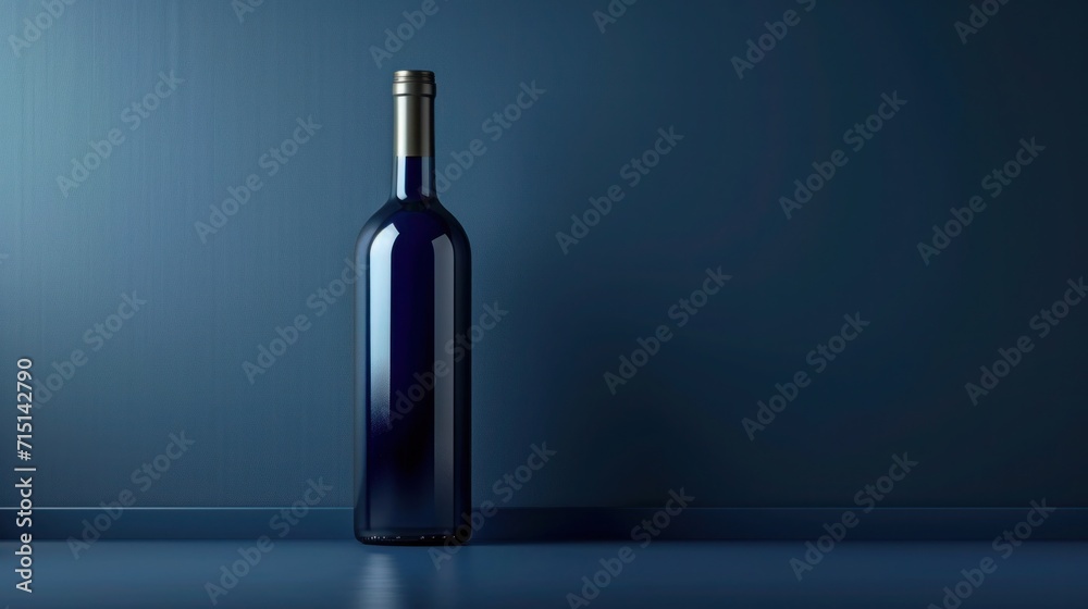 An alcohol bottle with a spotlight effect on a tabletop, emphasizing the fine wine's reflective elegance against the tranquil, dark blue ambiance An alcohol bottle with a spotlight effect on a tabletop, emphasizing the fine wine's reflective elegance against the tranquil, dark blue ambiance