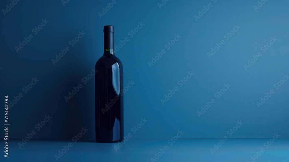 The elegance of a wine captured in the reflective glass of a wine bottle, set against a backdrop of moody blue lighting and shadow play The elegance of a wine captured in the reflective glass of a wine bottle, set against a backdrop of moody blue lighting and shadow play
