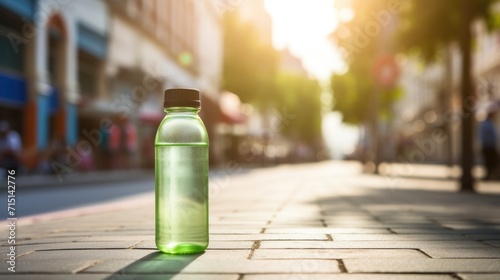 Closeup of a water bottle sitting on top of a yoga block on a busy city sidewalk. photo