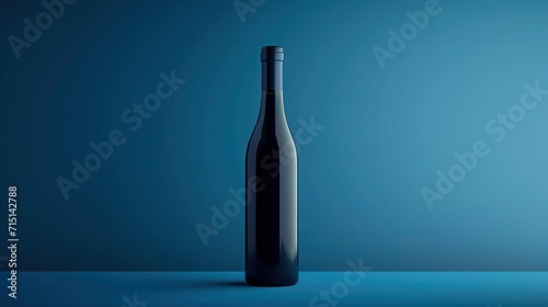 "Professional shot of a single wine bottle under vibrant blue studio lighting, presenting the wine culture with a mood-setting backdrop