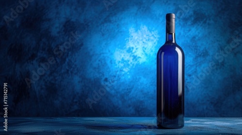 A shadowed wine bottle in a navy blue light, reflecting the artful depth and contrast, captures the essence of a sommelier’s selection