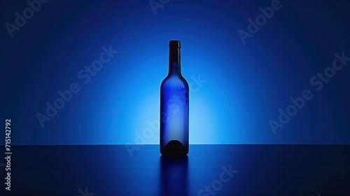 The intense blue illumination casts a serene glow on the sleek, dark blue background, showcasing the premium wine as a luxury item in a bar setting photo