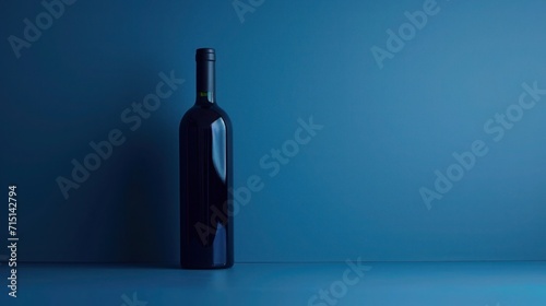The elegance of a wine captured in the reflective glass of a wine bottle, set against a backdrop of moody blue lighting and shadow play photo
